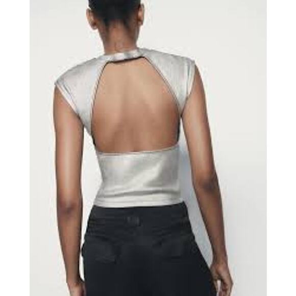Zara Silver Foil Rib Open Back T-Shirt - Size S - Picture 7 of 7